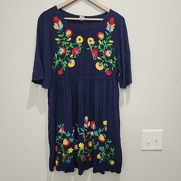 Riviera Sun‎ Boho Embroidered Peasant Dress Navy Large Flowy w/ Pockets - Picture 1 of 8